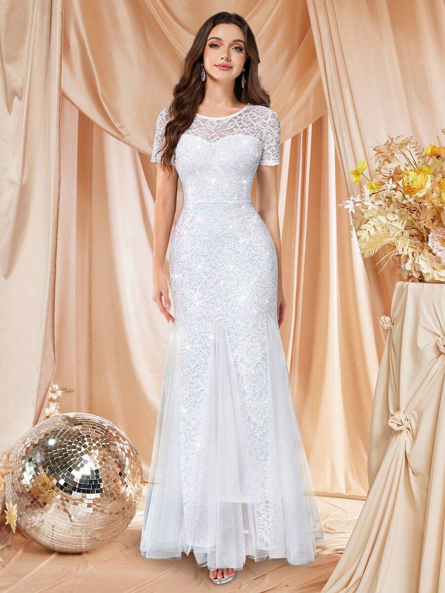 MIUSOL Vestido de gala de noche de longitud maxi formal con dobladillo de malla con inserciones de encaje y lentejuelas, elegante vestido de novia blanco para la boda
