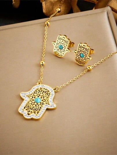 1set Gold-Plated Stainless Steel Hollow Flower Palm Turquoise Pendant Necklace And Earrings Jewelry Set