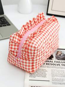 1 件/套红色小棋盘带蕾丝便携式清新化妆包，时尚休闲时尚便携式化妆包，多功能，大容量大收纳袋，可装钱包、口红、卫生巾、袋垫、硬币、钥匙、耳机、空气盒 - 紅色 - 查看 10