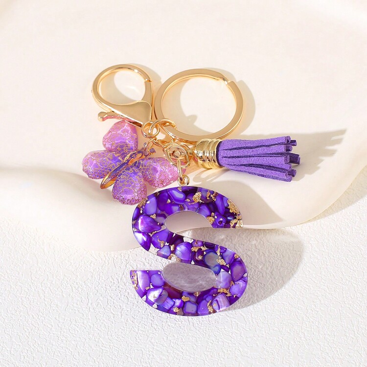 时尚蝴蝶流苏花朵字母钥匙扣，适合女孩和女士，蓝色可爱干花蒲公英字母钥匙扣，背包/手提包装饰礼品袋配件挂绳带证件夹汽车配件包饰圣诞节汽车配件教师朋友姐妹礼物创意 - 藍色 - 查看 3