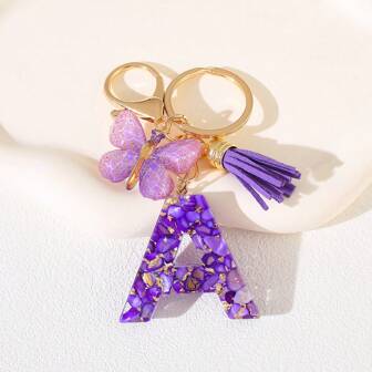 1PC Resin Alphabet Keychain With Butterfly And Tassel Charm, Women's Day Gift - Letter Initial Keyring With Lobster Clasp For Handbags, Backpacks, Car Keys Decoration Halloween School Car Accessories Cute Goth Y2k
