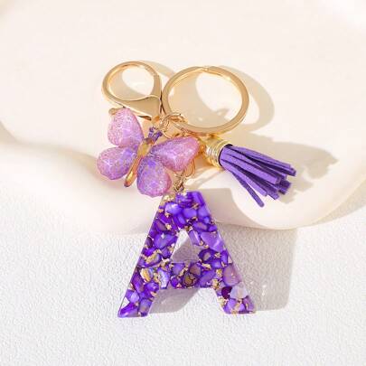 时尚蝴蝶流苏花朵字母钥匙扣，适合女孩和女士，蓝色可爱干花蒲公英字母钥匙扣，背包/手提包装饰礼品袋配件挂绳带证件夹汽车配件包饰圣诞节汽车配件教师朋友姐妹礼物创意