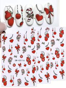 红色银色3D圣诞美甲贴纸3件套，全息闪光蝴蝶结吸管心形项链手套灯球雪花拐杖糖设计DIY冬季圣诞自粘凝胶指甲油沙龙美甲贴纸滑块美甲艺术装饰美甲用品美甲 - 彩色 - 查看 1