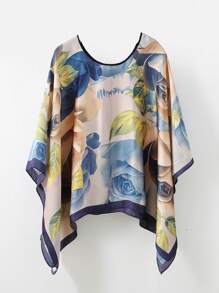 1 件女士沙滩配饰夏季印花蝙蝠袖上衣雪纺斗篷休闲宽松透明衬衫搭配花卉印花真丝围巾波西米亚风沙滩罩衫配饰女士 - 彩色 - 查看 18
