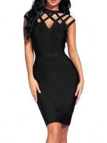 Women's Hollow Out Bandage Party Dress Sleeveless High Neck Bodycon Dresses Club - 黑色 - 查看 6