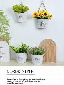 美式田园铁艺壁挂花盆植物种植盆栽壁挂花墙创意装饰干花吊盆,花瓶,花盆,桌面摆件复古做旧花篮,花盆,花蕾花瓶 - 小鳥半圓壁掛掛繩款 - 查看 4