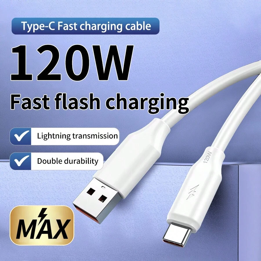 6A Thick 120W USB Type C Data Cable, Super Fast Charging, Compatible With Computers, Vivo, OPPO, Honor, Phones
