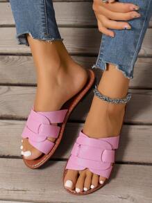 韩式休闲平底拖鞋，夏季露趾拖鞋，编织罗马凉鞋，适合春、夏、秋季，适合搭配裙装、海滩、公寓、白色、米色、黑色、橙色、黄色、紫色、灰色、金色、银色、蓝色、绿色、粉色、棕色、豹纹、正式、假日、波西米亚风格、海军蓝、水钻、休闲一脚蹬鞋、舒适柔软海滩厚底平底鞋、系带、闪光、穆勒鞋、人字拖 - 粉色 - 查看 4