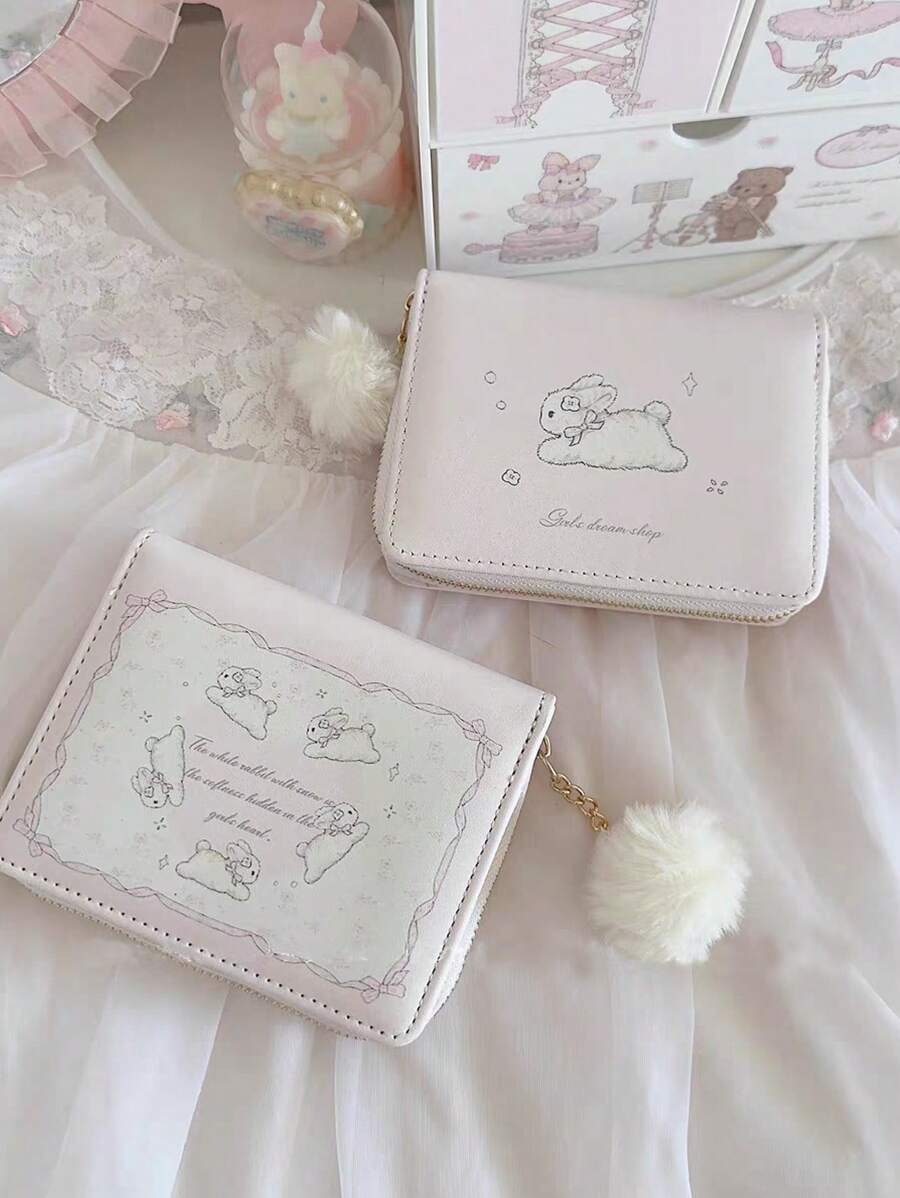 Thiết kế thỏ mới cho phụ nữ Ví gấp ba khóa kéo ngắn công sở thường ngày cho phụ nữ Hộp đựng thẻ Quà tặng Các mặt hàng thiết yếu cho phụ nữ Ví Ví Ví nhỏ Ví dễ thương - Hồng - Xem 1