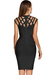 Women's Hollow Out Bandage Party Dress Sleeveless High Neck Bodycon Dresses Club - 黑色 - 查看 4