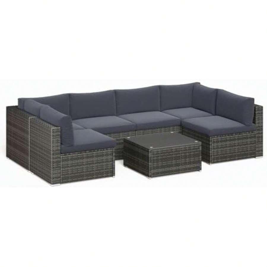 Revamped 7-Piece Modular Outdoor Wicker Sectional Set With Dark Grey Finish & Included Coffee Table For Porch, Balcony & Backyard - 藏蓝色 - 查看 1