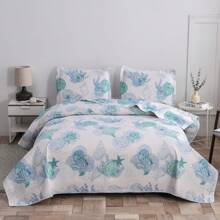 3Pcs Summer Beach Bedspreads Set King Queen Twin Size Lightweight Coastal Ocean Theme Quilts Seashell Conch Coverlet Sets Starfish Seahorse Seaweed Printed Bedding Pillow Shams - 藍色 綠色 白色 - 查看 1
