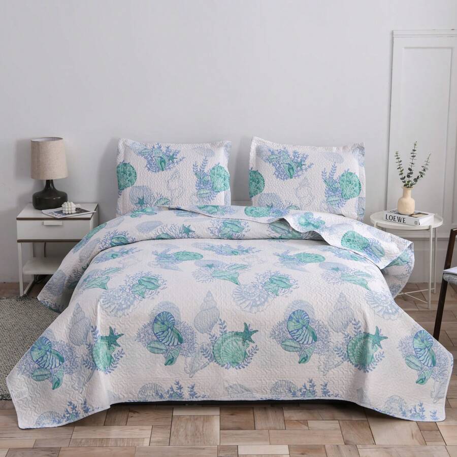 3Pcs Summer Beach Bedspreads Set King Queen Twin Size Lightweight Coastal Ocean Theme Quilts Seashell Conch Coverlet Sets Starfish Seahorse Seaweed Printed Bedding Pillow Shams - 藍色 綠色 白色 - 查看 1