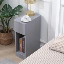 Slim Bedside Table Bedroom Nightstand With Open Shelf & Drawer, Narrow End Table Sofa Side Table For Living Room, Compact Wooden Lamp Table Telephone Table For Home Office - Grey - View 3