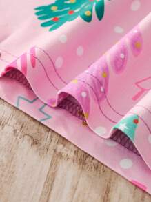 少女卡通圣诞树图案长袖上衣长裤套装，秋冬时尚 - 粉色 - 查看 8