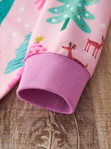 少女卡通圣诞树图案长袖上衣长裤套装，秋冬时尚 - 粉色 - 查看 7