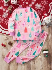 少女卡通圣诞树图案长袖上衣长裤套装，秋冬时尚 - 粉色 - 查看 2