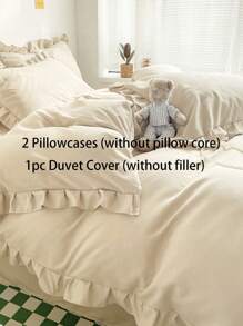 Cirelle 3 件奶油色荷叶边柔软舒适拉绒羽绒被套套装（1 个羽绒被套 + 2 个枕套），适用于卧室、客房，可机洗，四季皆宜