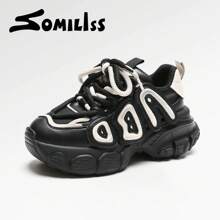 somiliss 1 双女士时尚系带休闲运动鞋，黑白配色，舒适、透气、防滑，运动鞋，6 厘米隐形鞋跟，2024 年秋季流行新品 - 黑色 - 查看 12