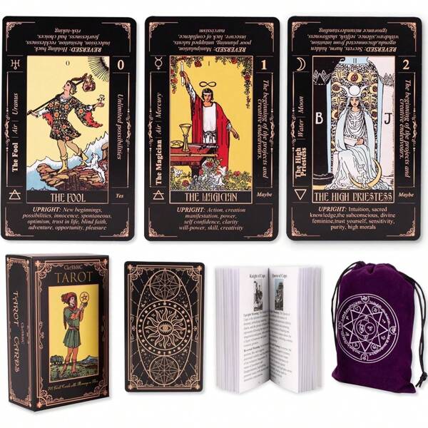 Authentic Tarot Cards, Includes Guide/Linen Storage Bag, - Smith Classic Artwork, 78 Classic Authentic Tarot Cards, Divination Game, Traditional Standard Tarot Cards, Rich In Meaning, Durable, Suitable For Beginners To Advanced Players (Black)