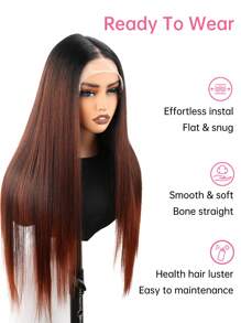 渐变红棕色合成蕾丝前假发，13x4 T 部分合成蕾丝假发，预拔长直发假发，适合女士 30 英寸初学者假发，透明蕾丝假发，带自然发际线 - 漸層紅色 - 查看 6