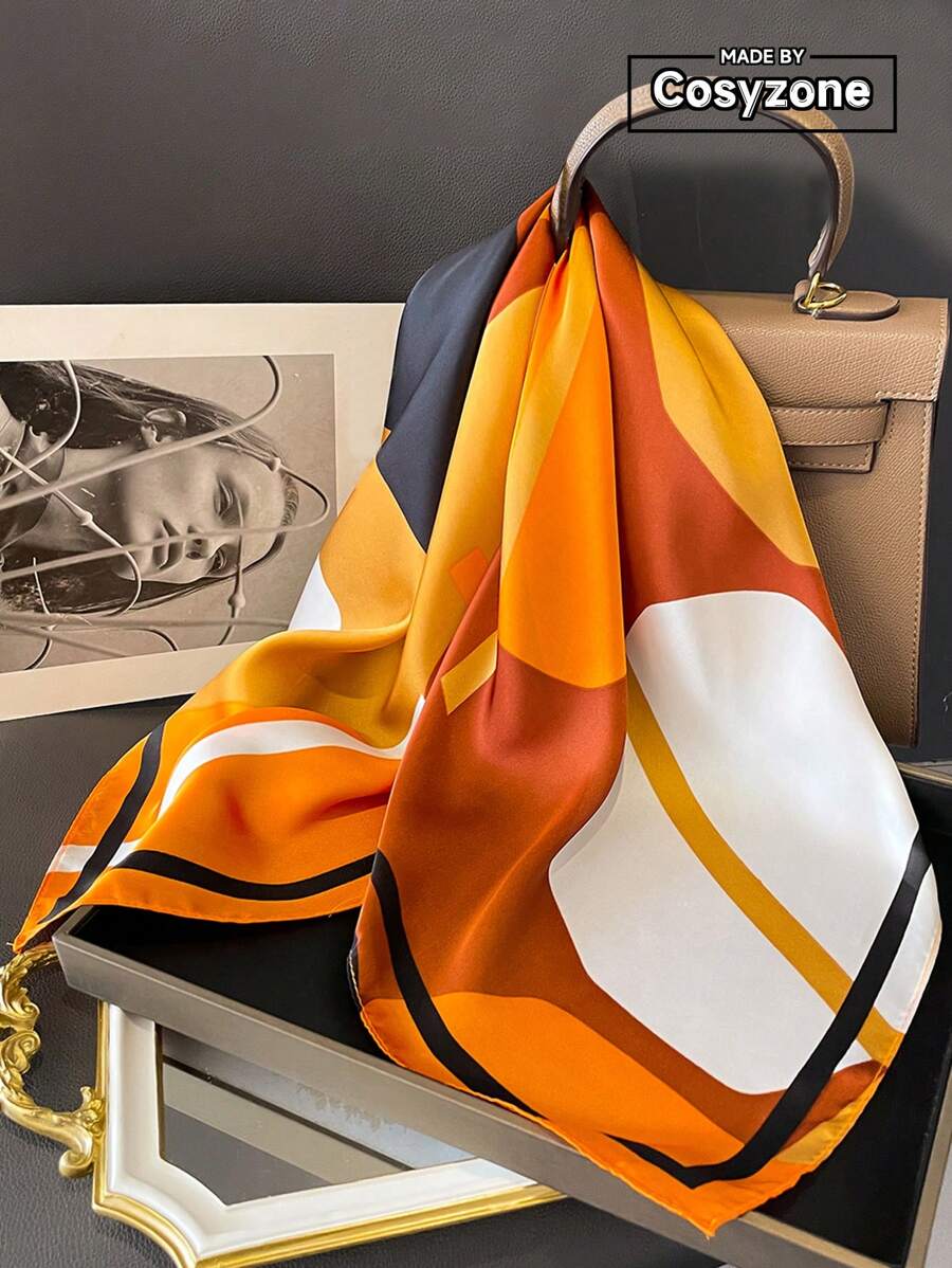 1pc Faux Silk Geometric Pattern Printed Bandana Scarf, Fashion Headband Versatile For Spring/Summer - Orange - View 1