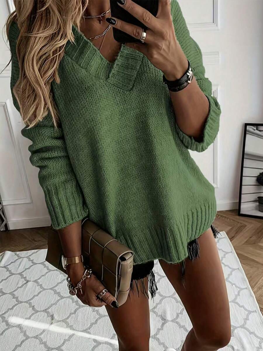 女士简约优雅纯色 V 领长袖针织毛衣、长袖上衣