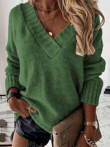 女士简约优雅纯色 V 领长袖针织毛衣、长袖上衣