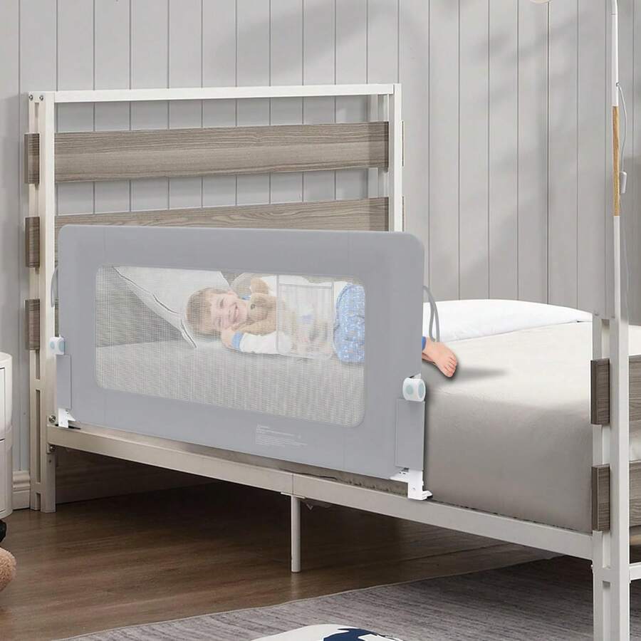 VA-Cerulean Foldable Bed Guard, Grey/Dark Grey+Grey, 150 Cm/180 Cm/200 Cm, Breathable Bed Rail With Storage Bag, Bed Rail Fall Protection For Baby & Children Height Adjustable 72-86 Cm Children's Bed Rail Baby Bed Rail - Gray - View 1