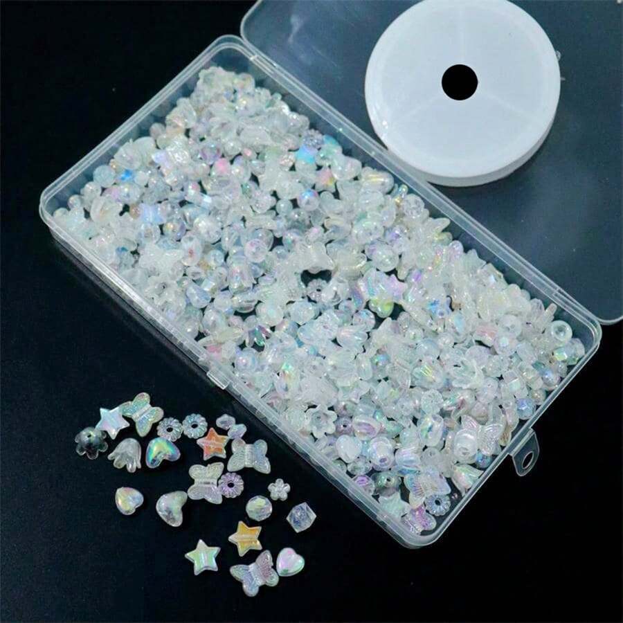 Hộp đựng hạt DIY hai mảnh Bộ hạt hỗn hợp màu trắng 6-12mm Một hộp cộng với một cuộn chỉ thun trong suốt 0,08cm có thể làm thành vòng cổ dây xích điện thoại di động - trắng - Xem 1