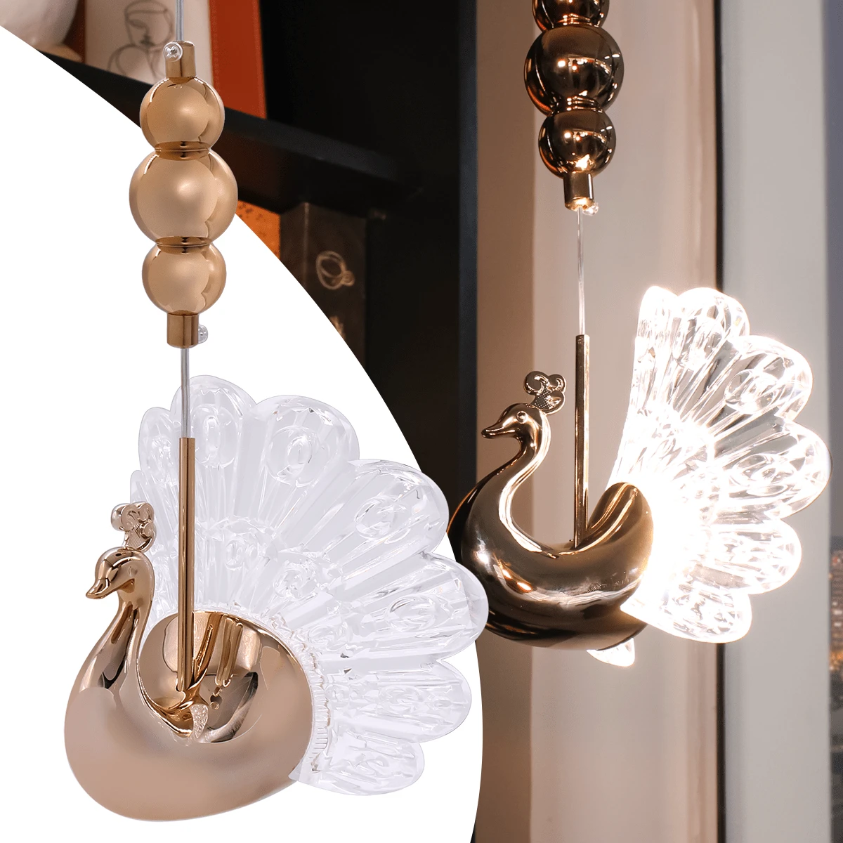 Golden Peacock Crystal Led Pendant Light PD33 - 金色 - 查看 1