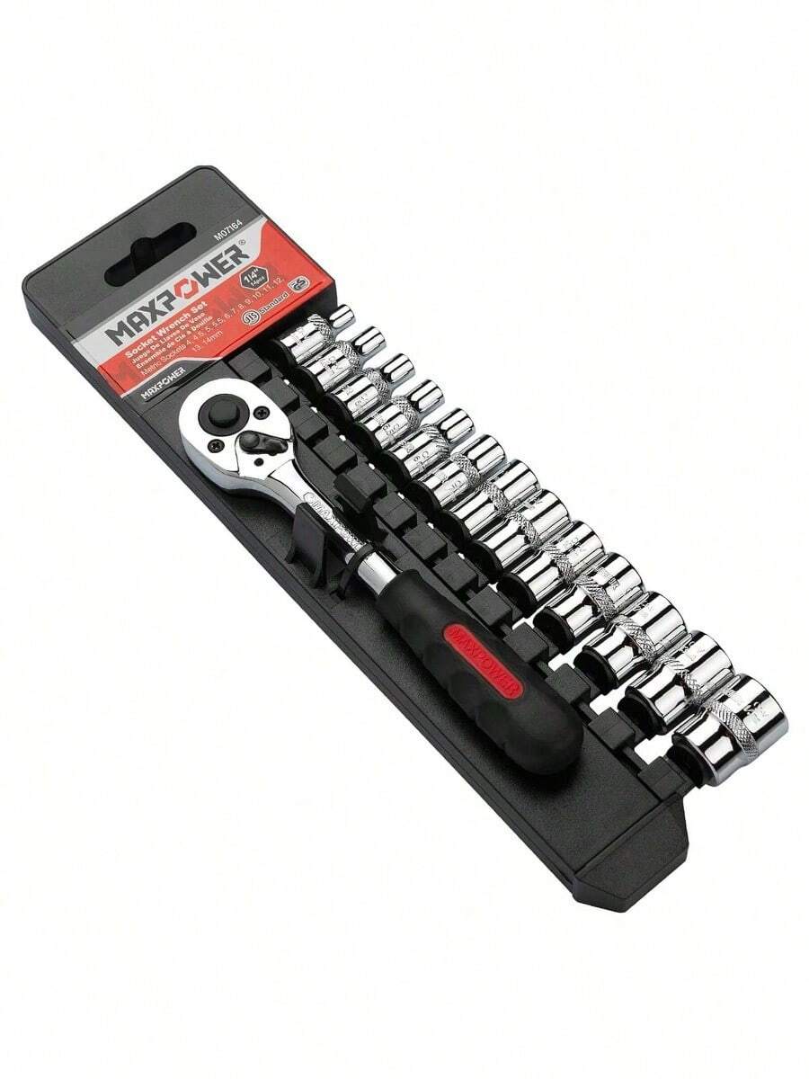MAXPOWER 14 Pcs 1/4 Inch Metric Wrench Set, Industrial Grade 6 Point Quick Release Soft Grip Reversible Ratchet Handle, Forged And Heat Treated Cr-V Alloy Steel, Size 4mm-14mm