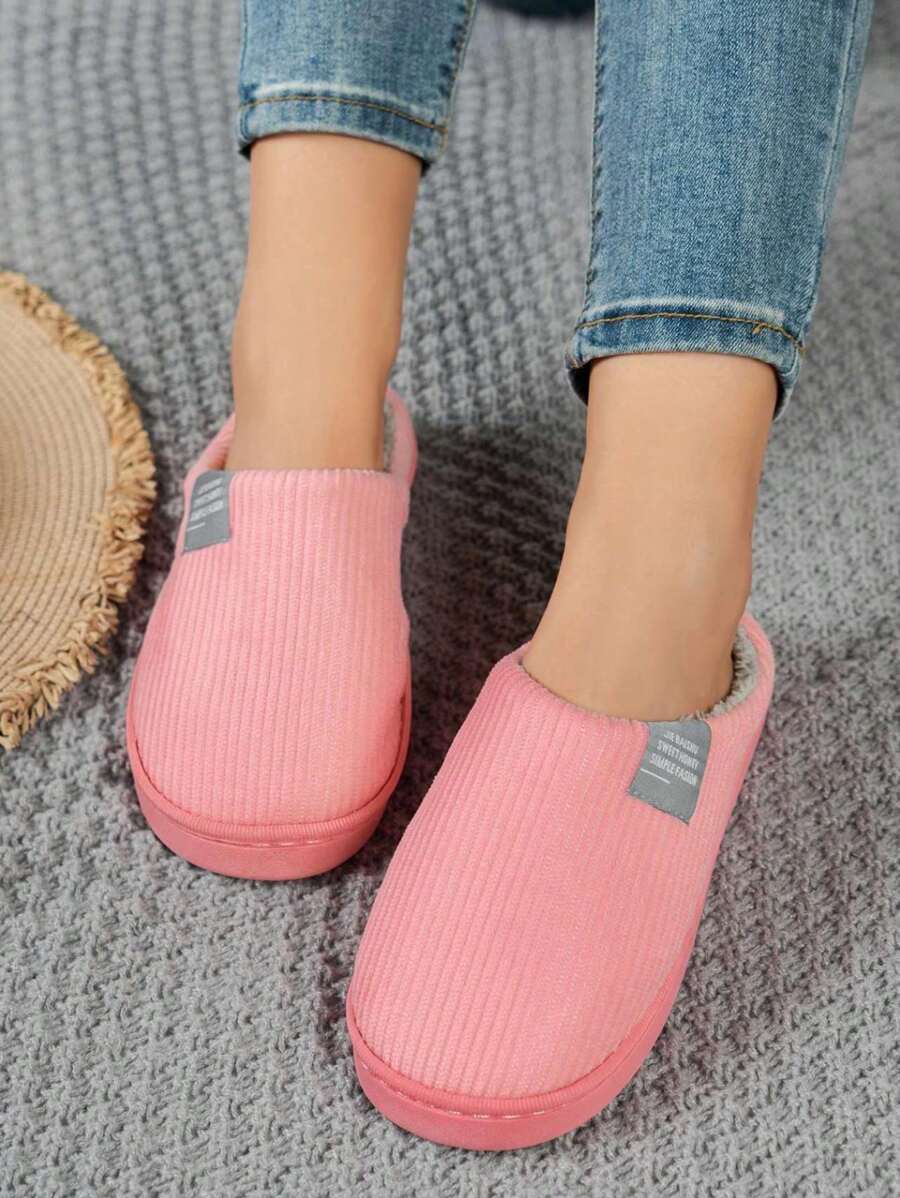 Solid Color Cozy Home Slippers For Girls, Easy Slip-On & Quiet Plush Indoor Slippers With Memory Foam Soft Sole, Minimalist, Striped, Fashionable Bedroom Slippers