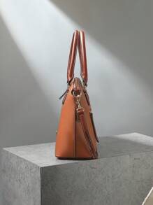 Refined Top Handle Zipper Satchel, Fashion-Forward Womens Textured PU Leather Bag For Everyday Style,Timeless Vintage Western Handbag - Eye-Catching Colorblock Design - màu nâu - Xem 4