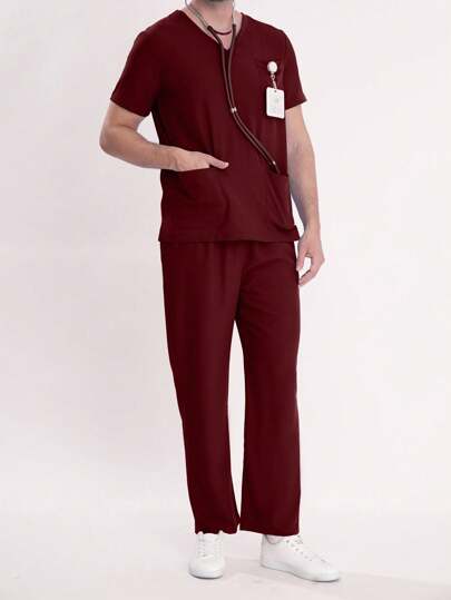 Men's Short Sleeve Stretchable Work Uniform, Clinic Coat, Pet Grooming Outfit, Breathable Elastic Set