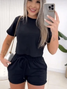 Women's Set Of Shorts And Cropped Sweatshirt Top - Black - View 2