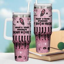 1 Piece 20oz Skull Ghost Pattern Ice Cup, Stainless Steel Vacuum Tumbler, Keeps Drinks Hot Or Cold, Cup Holder Friendly, Halloween Gift For Family And Friends - Pink - View 2