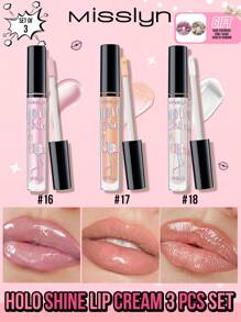 Misslyn 3 piezas, CREMA LABIAL HOLO SHINE, brillo de labios, set de maquillaje de labios de glaseado de agua. Coletero como regalo. No pegajoso, alto brillo, acabados en crema y perla, color altamente pigmentado y brillo instantáneo, brillante, labial sin peso y acabado no pegajoso