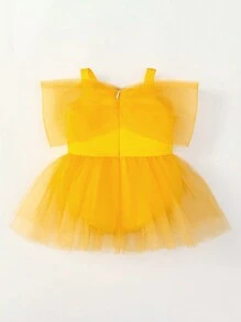 Baby Girls' Yellow Mesh Princess Style Romper Dress, Suitable For Parties