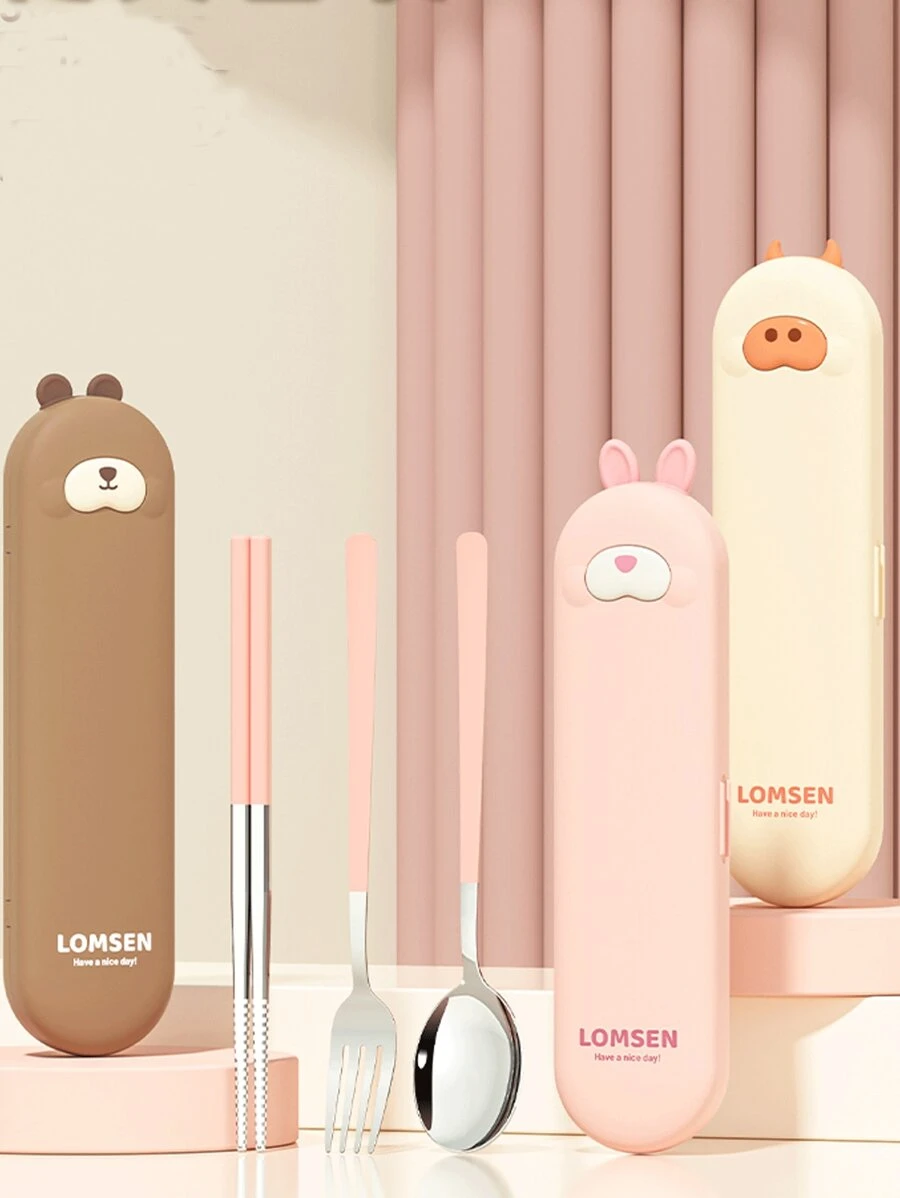 Bộ 3 đũa, thìa và hộp đựng bằng thép không gỉ 304, bộ dao kéo di động cho trẻ em/học sinh làm quà tặng Giáng sinh - Nhiều màu - Xem 1