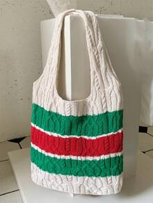 1 件条纹图案 Y2K 新款简约女士日常使用轻便手提包镂空包针织包钩针包沙滩包购物袋夏季书包适合毕业生、青少年、新生、二年级学生、三年级学生和四年级学生，适合大学、大学和高中，非常适合户外、旅行和返校休闲包 - 彩色 - 查看 7