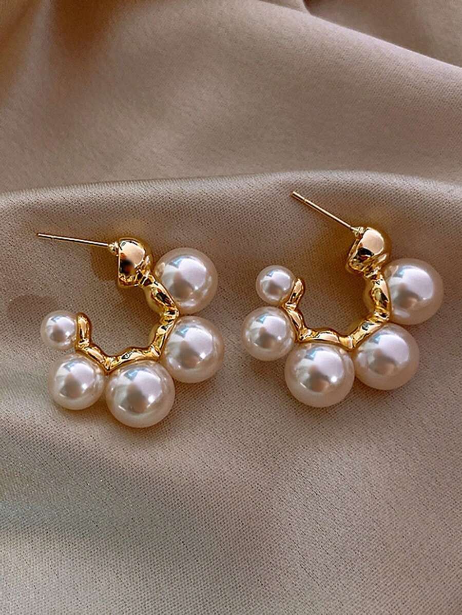 1 Pair Elegant Vintage Classic Faux Pearl Hoop Earrings, For Women Holiday, Birthday, Dinner, Party, Travel, Casual Wear