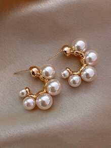 1 Pair Elegant Vintage Classic Faux Pearl Hoop Earrings, For Women Holiday, Birthday, Dinner, Party, Travel, Casual Wear - White - View 8