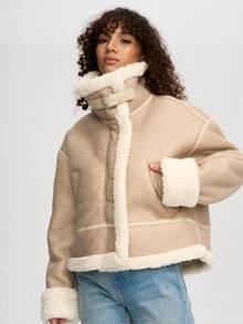 OUTTA BOX Women's Short Faux Fur Collar Motorcycle Jacket, Winter