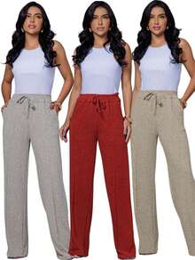 Kit 3 Women's Linen Wide Leg Trousers With Pocket And Drawstring - 灰色,土色和沙色 - 查看 2