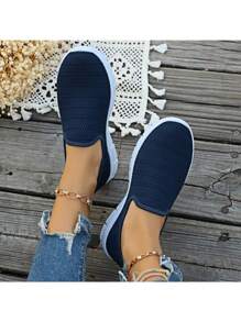1 Đôi giày bệt lưới dệt kim thông thường dành cho nữ, giày thể thao đi bộ thoáng khí - Màu xanh lam - Xem 3