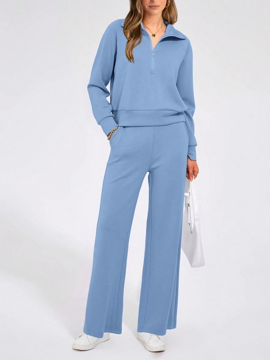 Women's 2 Piece Outfits Casual Lapel Half Zip Sweatshirts And Wide Leg Pants Tracksuit Sets - 藍色 - 查看 1