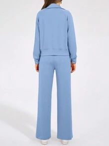 Women's 2 Piece Outfits Casual Lapel Half Zip Sweatshirts And Wide Leg Pants Tracksuit Sets - 藍色 - 查看 2