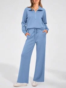 Women's 2 Piece Outfits Casual Lapel Half Zip Sweatshirts And Wide Leg Pants Tracksuit Sets - 藍色 - 查看 5