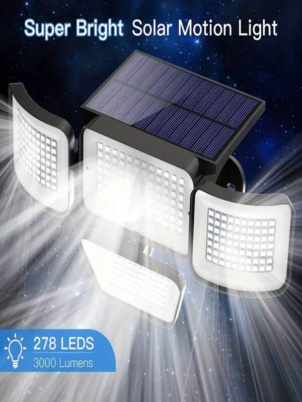 1 Luz Solar para Exteriores, 278 LEDs, 3000 Lúmens, com Sensor de Movimento, Luz Solar 6500K, Refletor de Segurança com 4 Cabeças, Luz de Parede Ângulo Amplo de 300° com 3 Modos, Adequado para Jardim, Quintal, Caminho, Garagem, Iluminação de Rua